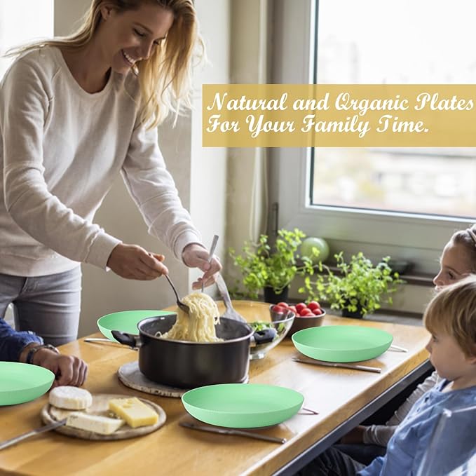 Wheat Straw Plates - 10 Inch Unbreakable Dinner Plates Set of 8 - Dishwasher & Microwave Safe Plastic Plates Reusable for Kitchen and Camping (Light Green)