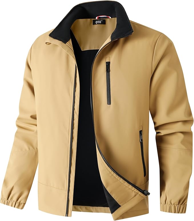 QTE Lightweight Jackets for Men Casual Windbreaker Stylish Light Fall Spring Golf Work Outdoors Business Stand Collar Coat