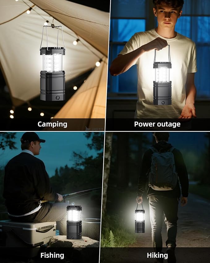 4 Pack Solar Camping Lantern with 1600mAh Rechargeable Battery, 30-Hour Runtime, 360ยฐ LED Tent Light & Super Bright Flashlight, Compact & Portable for Hiking, Emergency, Outdoor