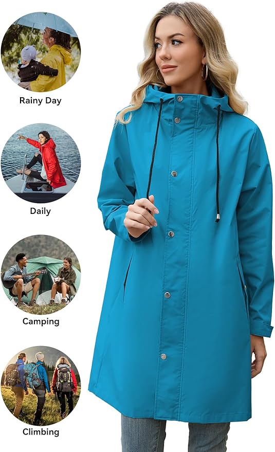 Zando Long Packable Rain Jacket Women Waterproof - Raincoat for Women Rain Coat with Hood Lightweight Outdoor Windbreaker