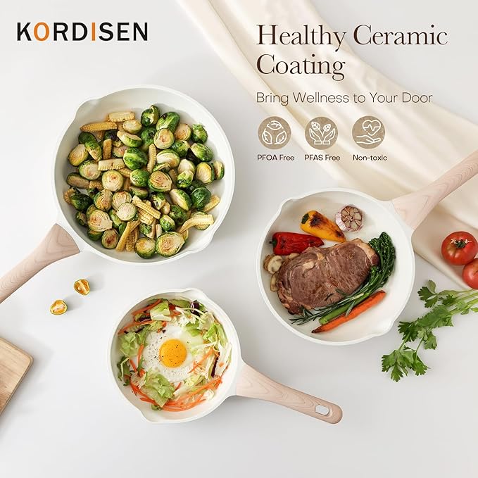 Nonstick Ceramic Frying Pan Set, 3 Piece Ceramic Skillet Set, Healthy Non Toxic Cooking Pan, Stay-Cool Handle, Induction Compatible, PFOA & PFAS Free, White