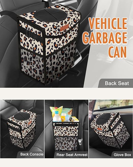 Car Trash Can with Lid, Cute Leakproof Car Trash Garbage Bag Hanging Vehicle Trash Bin Small Portable Automotive Garbage Cans Organizer for Back/Front Seat/Console(2.8 gal,Leopard