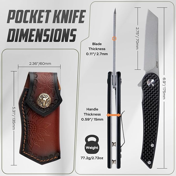 Folding Pocket Knife with Leather Sheath, 2.79” 14C28N Steel Blade Carbon Fibre Handle Flipper Liner Lock Small EDC Folding Knife, Sharp Camping Outdoor Survival Knives for Men Women (Black)