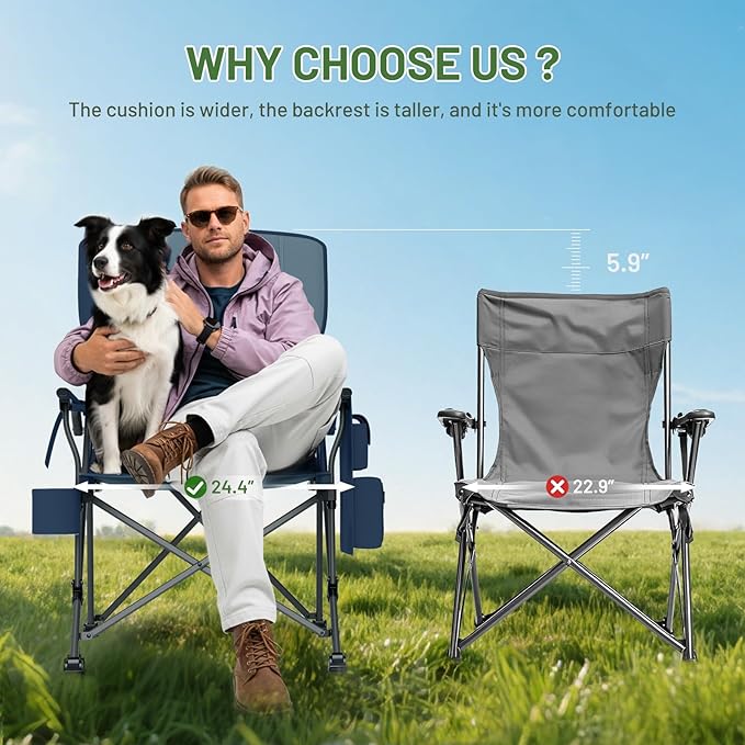 Timber Ridge Oversized Folding Camping Chair with Lumbar Support Adjustable High Back Heavy Duty for Adults Support up to 500lbs with Cup Holder, Cooler Bag, Side Pocket, Blue