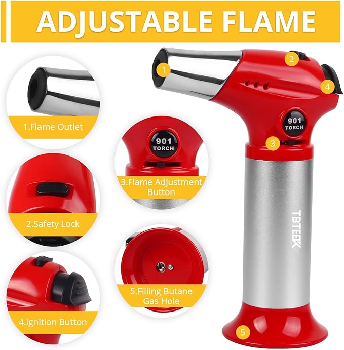 TBTEEK Butane Torch T901, Kitchen Torch Cooking Torch with Safety Lock & Adjustable Flame for Cooking, BBQ, Baking, Brulee, Creme, DIY Soldering(Butane Not Included), Red