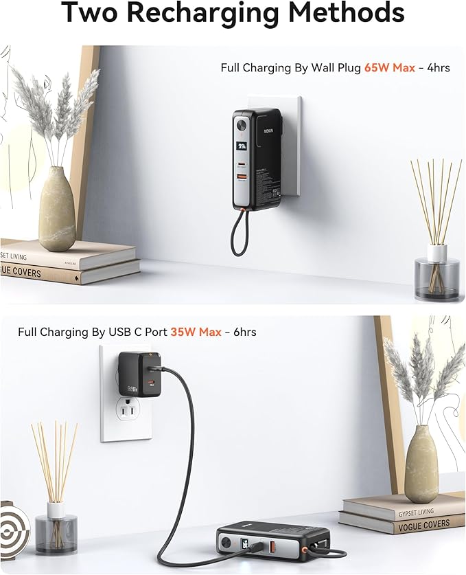 Portable Charger 3 in 1, 10000mAh Power Bank Built in Cable and AC Wall Plug 65W, Phone Battery Pack Fast Charging 35W Max, USB C Travel Chargers for iPhone 16 15 Series, Samsung, MacBook, Laptop