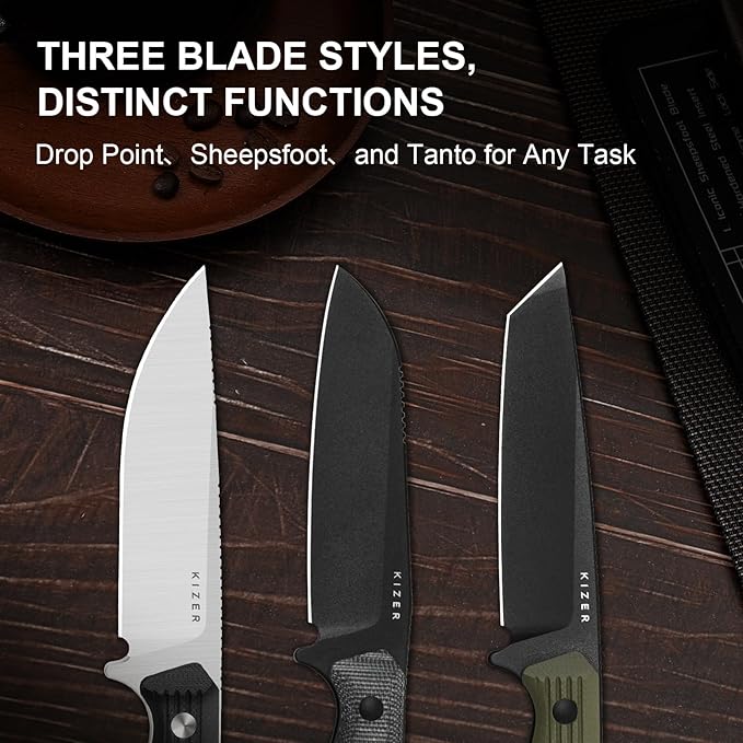 Kizer Begleiter Fix Fixed Blade Knife, 3.74" Tanto AEB-L Blade Hunting Knives with Kydex Sheath, Green G10 Handle EDC Knife for Camping Hunting Survival 1045MT2