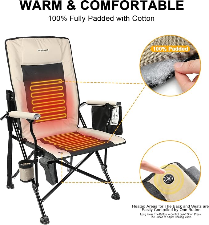 REALEAD Heated Camping Chair - Fully Padded - Heated Chairs Outdoor Sports - Supports 400 lbs - Portable Heated Outdoor Camp Chair for Sport Events - Battery NOT Included