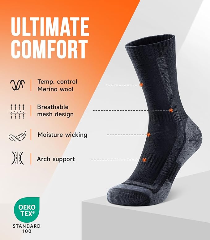 PULIOU Merino Wool Hiking Socks for Men & Women, 3 Pairs Cushioned Moisture Wicking Crew Boot Socks for Work & Outdoors