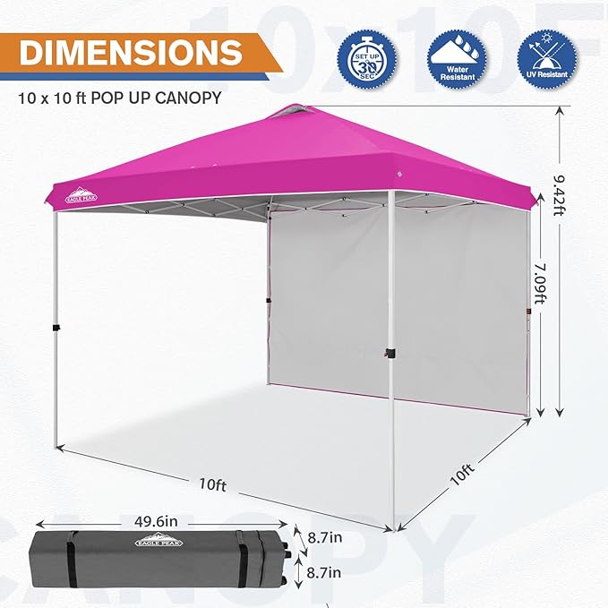 EAGLE PEAK Pop Up Canopy Tent with 1 Sidewall, Easy Setup Event Tent, Outdoor Sun Shade, Wheeled Carry Bag, Stakes and Guy Ropes, Instant Canopy 10x10, Pink