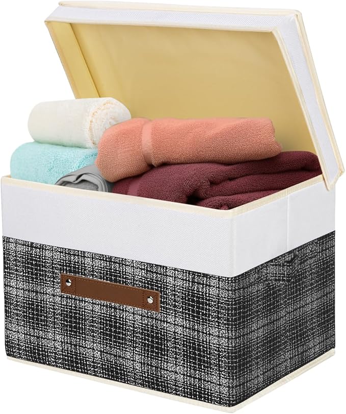 TYEERS Collapsible Storage Bins with Lids, Patchwork Design, Washable, Fabric Storage Boxes, 14.9x9.8x9.8 inches, 5 Pack, Black