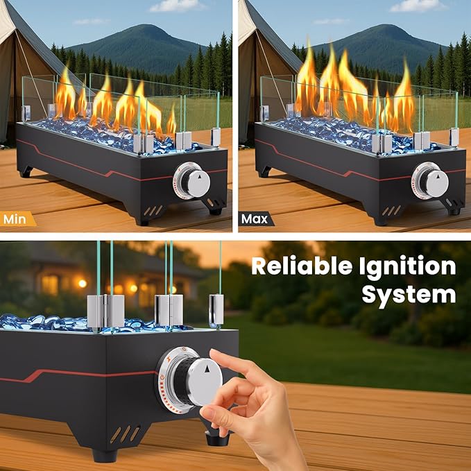 GRISUN Tabletop Fire Pit,20 Inch Propane Fire Pit Table,40000 BTU Table Top Firepit with Glass Wind Guard,Stainless Steel Burner,Fire Glass,Portable Propane fire Pit for Patio, Camping, Backyard & RV
