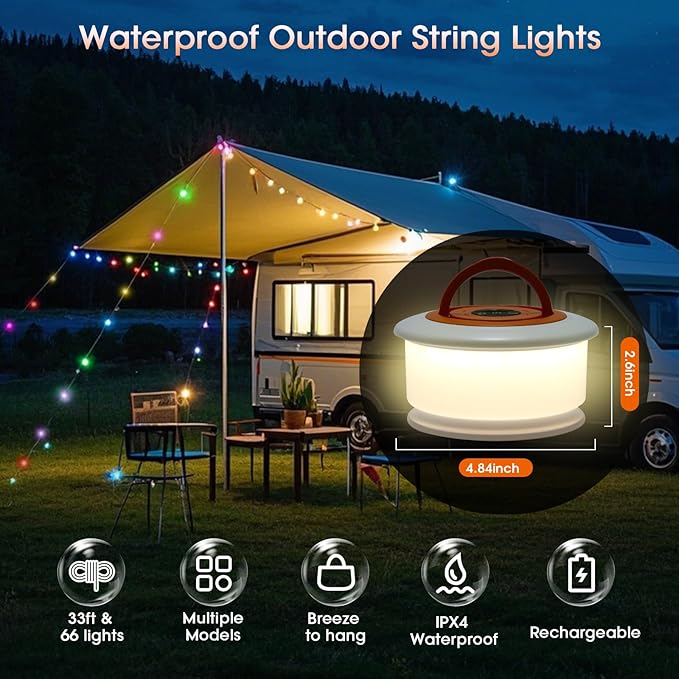 2 Pack Camping Lights String - 2 in 1 Upgraded 32.8ft Rechargeable 19 Lighting Modes Tent Lights for Camping, Quick Storage&Portable LED Lamp for Outdoor Patio Awning Garden Party Decor Essentials
