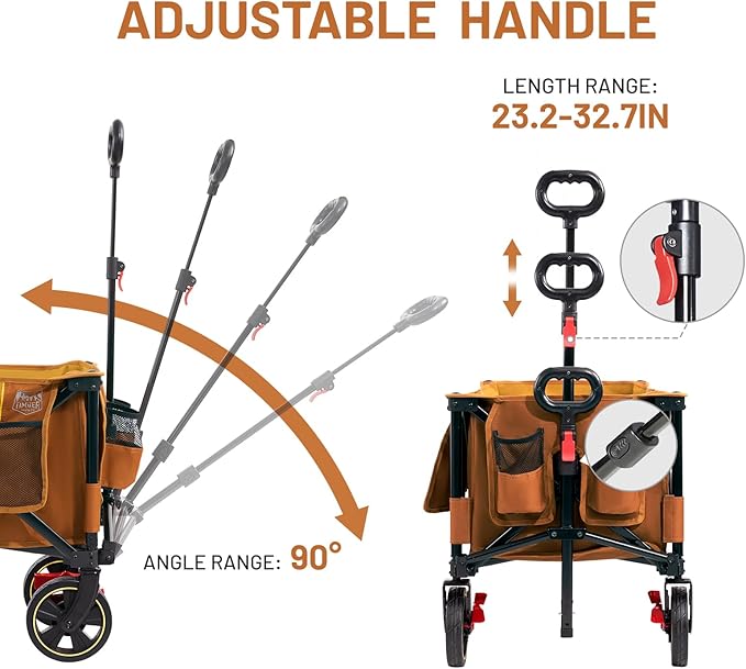 Timber Ridge 51.2'' Extended Collapsible Wagon Cart with Brakes and Cargo Net, 350LBS Heavy Duty Foldable Utility Wagon with Adjustable Handle, 400L Capacity Portable Cart for Camping Sports, Orange