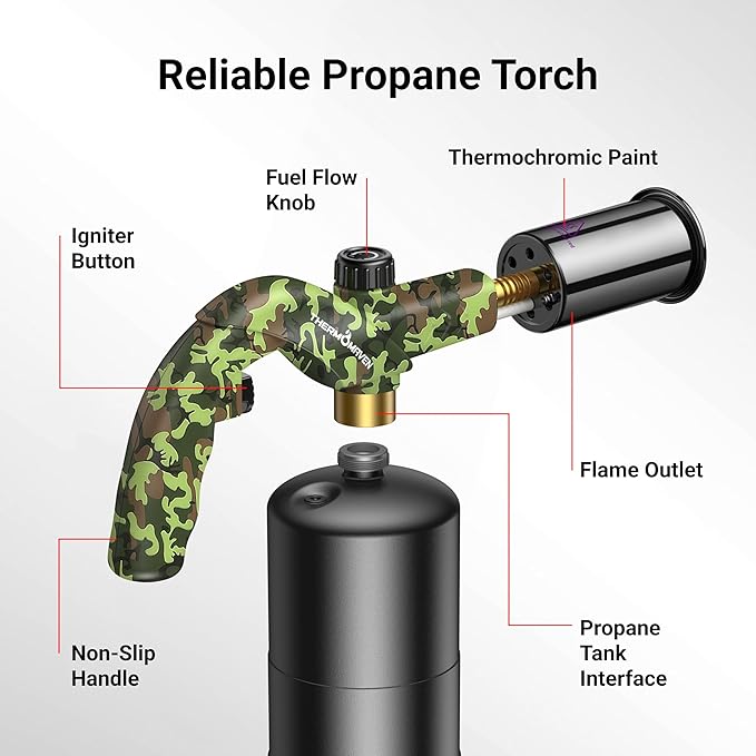 Propane Torch Lighter, Cooking Torch Gun, Charcoal Lighter, Flame Thrower Adjustable Kitchen Food Torch Head, Refillable Blow Torch for Grill, Sous Vide, BBQ (Gas Tank Not Included)