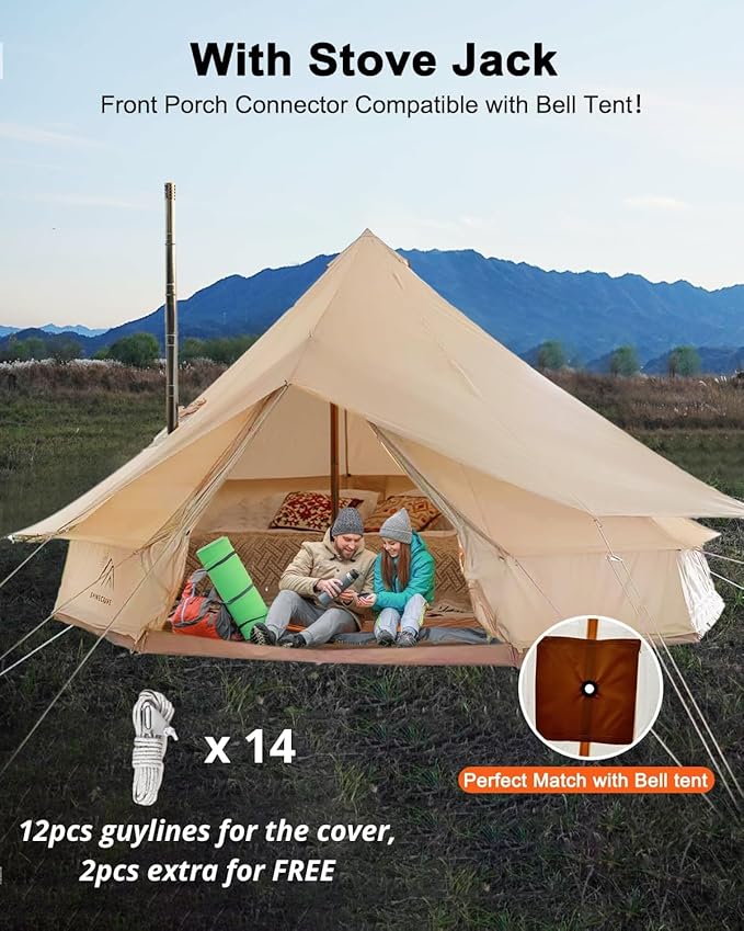 Bell Tent Rain Cover Protector with Stove Jack and Roof Vents for Camping,Waterproof,PU5000,Glamping Bell Tent Rain Fly with Stove Jack,4 Season,(Beige, for 16.5ft(5m) Size)