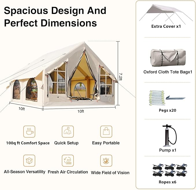 2025 Upgraded Waterproof Inflatable Camping Tent, Large Blow-Up Air Tent, No Assembly Needed Luxury Glamping House, Oxford Fabric