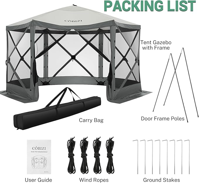 COBIZI 12x12ft Pop up Gazebo Screen Tent Screen House for Camping, Camping Outdoor Screened Gazebo with Mosquito Netting, Portable Hub Tent with Carrying Bag and Ground Stakes, Grey(Upgraded 2.0)
