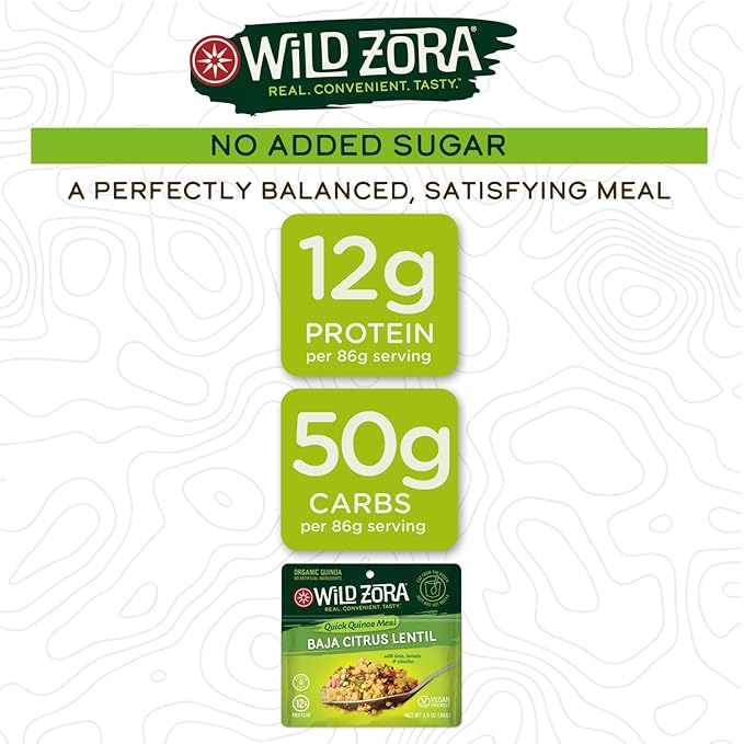 Wild Zora Instant Organic Quinoa Meals - Quick & Tasty Prepared Quinoa Bowls, Pantry Staples Gluten-Free Meal w/Lentils Plus 10g Olive Oil Packet - Baja Citrus w/Tomato, Lime & Cilantro (3-Pack)
