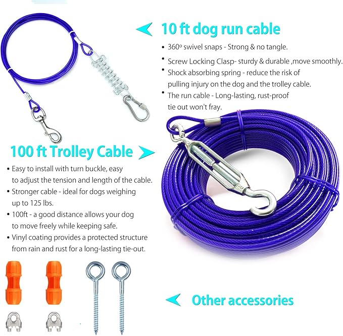 Patented Heavy Duty Tie Out Trolley System Zipline for Small to Large Dogs - 100ft Aerial Runner Cable and 10ft Run With 2 Patented Stoppers for Yard Camping Outdoor