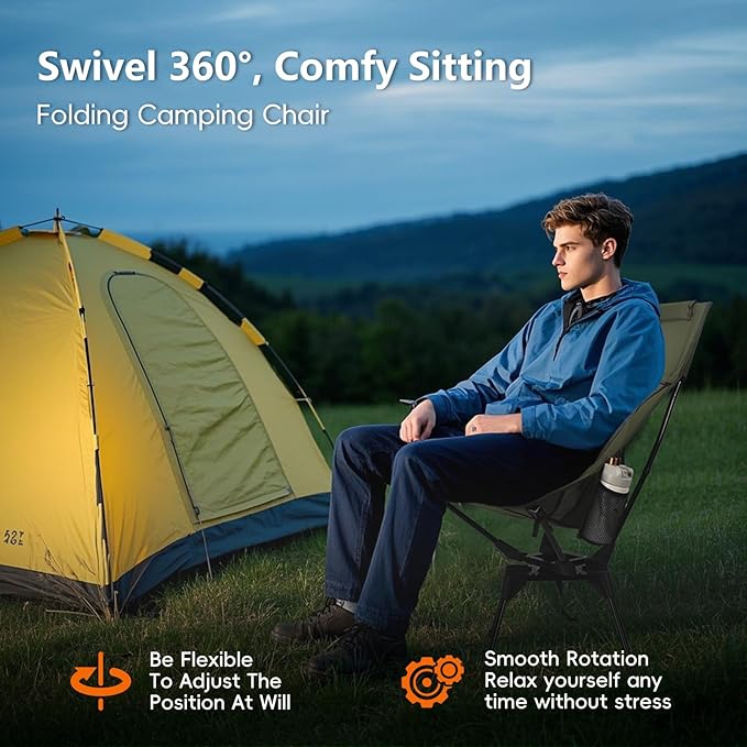 Swivel Folding Chair, High Back Camping Chair with Head Support, Side Cup Pocket, Stable Portable Outdoor Chair for Camp, Travel, Beach, Party, Fishing (Green)