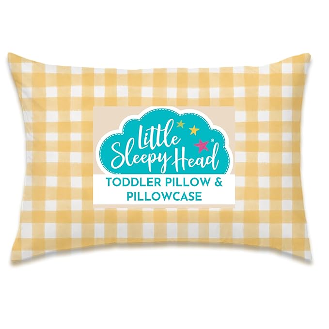 Little Sleepy Head Toddler Pillow with Pillowcase 13x18 - Kids Pillow for Sleeping - Better Neck Support Ergonomic Pillow and Toddler Pillowcase - Best Pillows for Kids (Gingham Yellow)