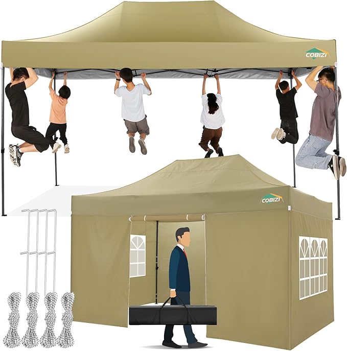 COBIZI 10x15 Pop up Canopy Tent 10x15 Canopy with 4 Sidewalls Waterproof Heavy Duty Commercial Tent for Parties Outdoor Garden Gazebo, Carry Bag(10x15ft, Khaki)