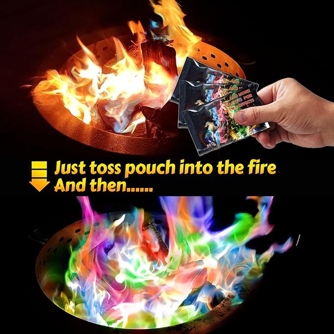 HGD (12 Pack) Magic Campfire Fire Color Changing Packets for Fire Pit, Indoor/Outdoor Fireplace, Bonfire - Rainbow Magical Flame, Camping Accessory, Compatible with Wood