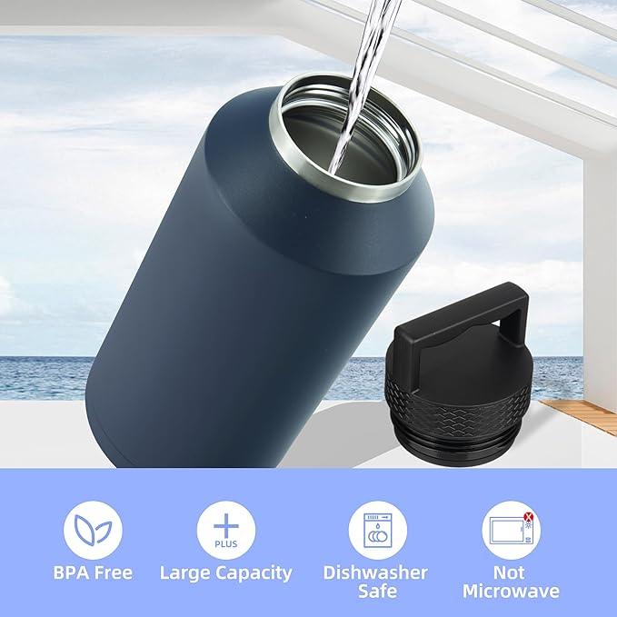 BJPKPK Half Gallon Water Bottle Insulated, Dishwasher Safe 64 oz Water Bottle with Handle, Leakproof BPA Free Water Jug, Large Stainless Steel Thermo for Sports, Black