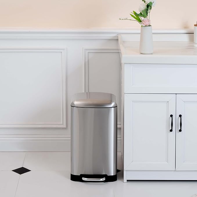 Amazon Basics Rectangular Small Trash Can with Lid and Soft-Close Foot Pedal for Bathroom, Bedroom, Living Room, Office, Smudge Resistant, 20l / 5.3 gallon, Nickel