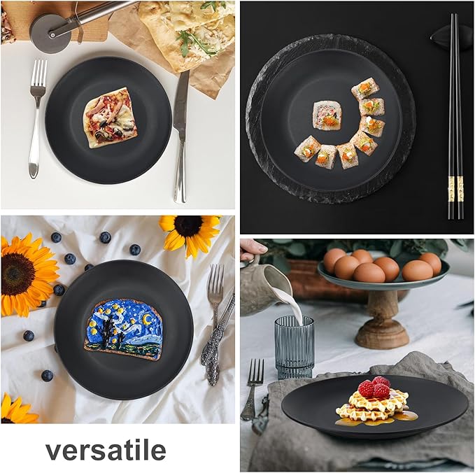 Wheat Straw Dinner Plates 10 Inch Unbreakable Set of 8 - Dishwasher & Microwave Safe Plastic Plates Reusable - Lightweight Plates for kitchen,camping,salad,appetizer - Pure Black
