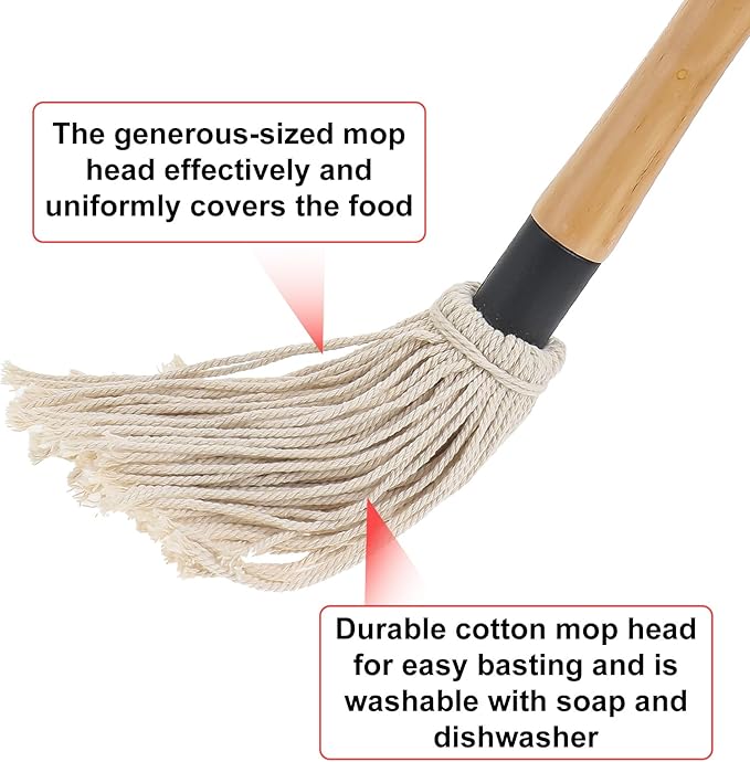 4Pcs BBQ Mop Brush Grilling Basting Mop Wooden Long Handle BBQ Mop Set with 12Pcs Replacement Heads for Basting Steak Marinade Sauce(18.3inch)