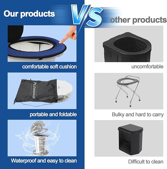Upgraded Retractable Portable Toilet with Cushion, Adjustable Height Camping Toilets with Lid for Adults and Kids, Compact Portable Potty for Camping, Car, Travel, Boat, Tent and Emergency Use
