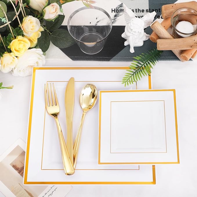 Festiva 176Pcs Gold Plates Disposable - Square Party Plates Dinnerware Sets - include Cups,Plastic Cutlery,Hand Napkins,Tablecloth for 25 Guests Party&Wedding&Christmas&Thanksgiving