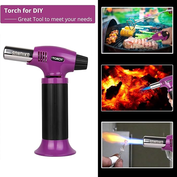 Sondiko Butane Torch Lighter, Refillable Kitchen Torch with Safety Lock and Adjustable Flame for Desserts, Creme Brulee, and Baking, Pink&Black