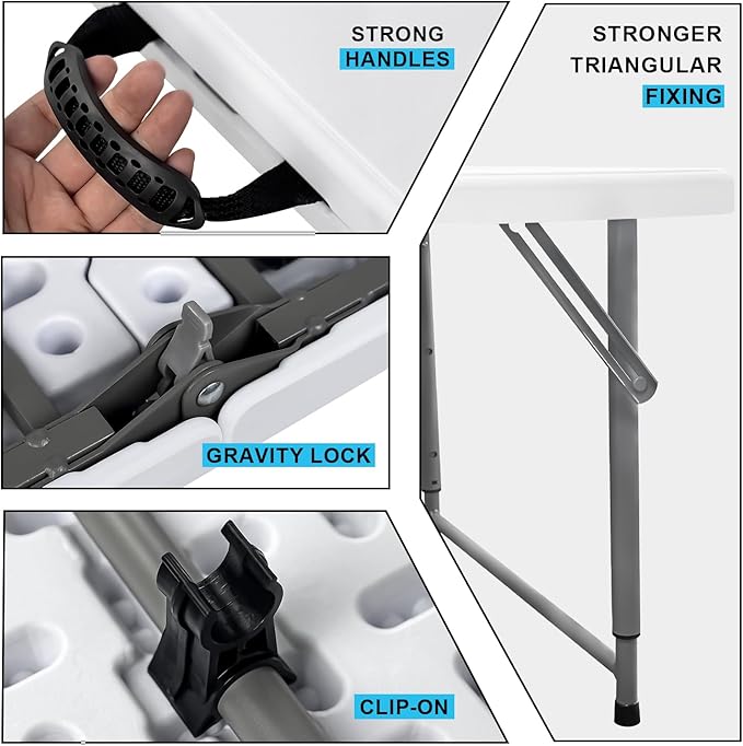48" W x 24" D x 29.5" H - 4FT Adjustable Height Heavy Duty Plastic Fold-in-Half Foldable Table,White Portable Folding Table with Carrying Handle for Camping & Party