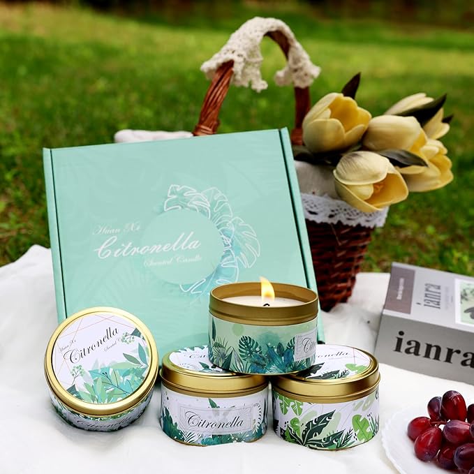 HUANXI Scented Candle Set 4 Pack Citronella Candles, Insect Moskito Repellent Candles for Outdoor Indoor, 32 Oz Travel Tin Jar Candles for Home, for Camping Fishing Garden Patio Yard Balcony Party