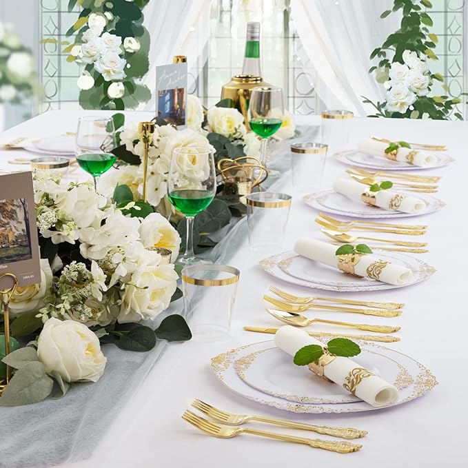 Nervure 175PCS White and Gold Plastic Plates - Disposable Dinnerware Set Include 50 Gold Plates for Dinner and Dessert, 75 Cutlery, 25Cups 25Napkins for Wedding & Party & Thanksgiving