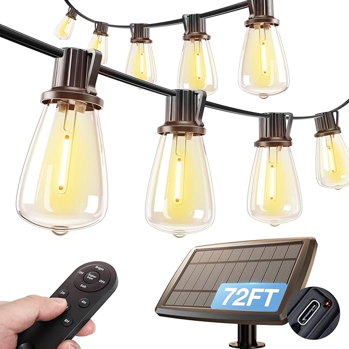 addlon 72FT Solar String Lights Outdoor, Waterproof Solar Powered Outside Lights with Remote & USB Port, ST38 LED Shatterproof Bulbs, Dimmable Solar Light for Camping Backyard Porch