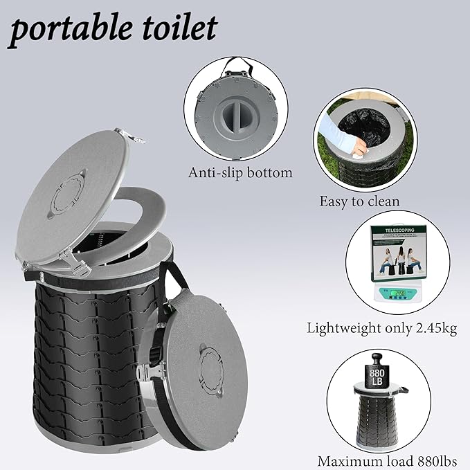 XXL Portable Toilet -19.7" H 15" D Adjustable Foldable Camping Toilet, Luggable Loo with Lid, Strap,Toilet Bag for Camping, Hiking, Travel and Car with Carry Bag