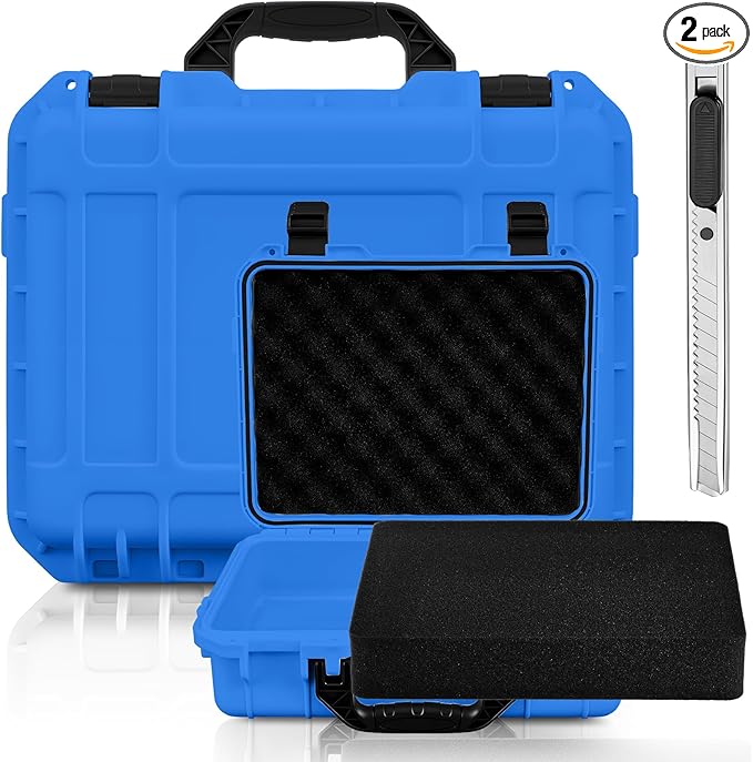 16.3 x 12.4 x 6.5 Inch Waterproof Hard Case with DIY Customizable Foam Insert Portable Protective Case with Knife for Camera Drones Equipments Tools Test Instruments (Blue)