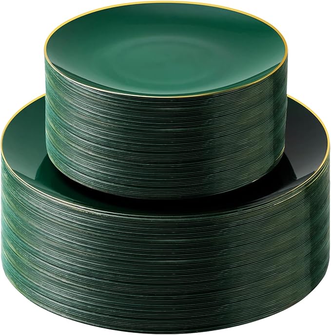 100PCS Green Gold Plastic Plates, Green Disposable Plates for Party, Wedding, Include 50 Dinner Plates, 50 Dessert Plates for 50 Guests