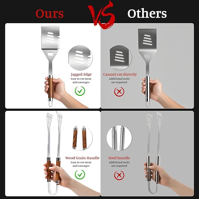 BBQ Grill Tools Set with Storage Bag and Wooden Grain Handles, Spatula, Fork, Cleaning Brush, Complete Barbecue Tool Sets for Outdoor Cooking Camping, Grilling Gifts for Men