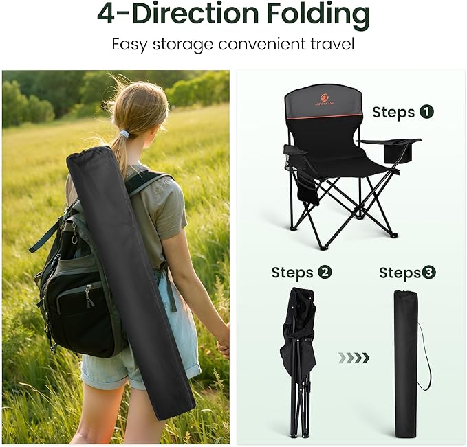HIGH POINT SPORTS 2 Pack Portable Camping Chair for Adults, Folding Outdoor Camp Chair Lightweight Lawn Chairs Folding Collapsible Chair for Camping, Tailgates, Beach, Black, Support 250 lbs