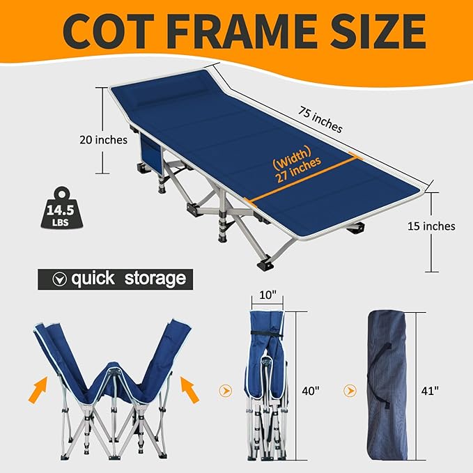 2 Pack Camping Cot with Mattress Comfortable Cot Bed Folding Cot Heavy Duty Blue and Purple Cots for Sleeping with Carry Bag for Adults Kids Guest Bed Outdoor Indoor Home