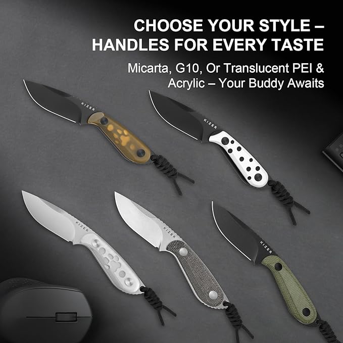 Kizer Buddy Fixed Blade Knife, 3" D2 Steel Camping Knife with Olive Green Micarta Handle, Compact EDC Fixed Blade Knives with Sheath for Hiking & Camping 1081M1
