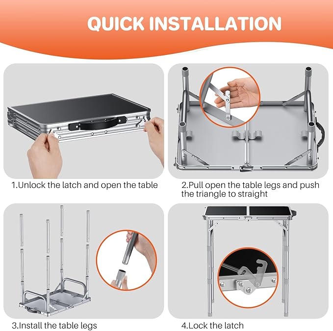 FUNYKICH 2ft Small Folding Camping Table(58x40cm), 3 Height Adjustable Portable Picnic Table, Lightweight Aluminum Outdoor Tables with Carry Handle for Camping, Picnic, Beach, Party, Silver