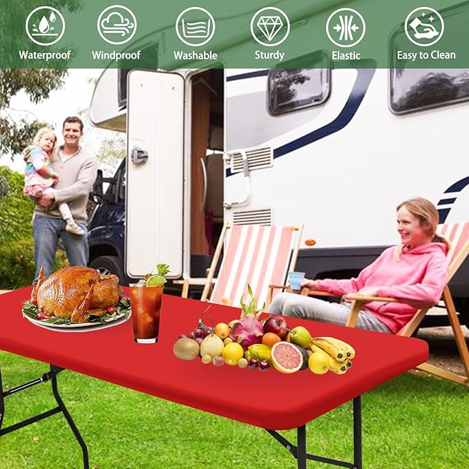 10 Pack Picnic Fitted Table Cover for 8 Foot Tablecloth for Rectangle Tables Waterproof Stretch Washable Folding Indoor and Outdoor Spandex Table Cloth for Camping Banquet and Parties (Red,30" x 96")
