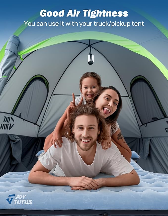 JOYTUTUS Upgraded Light Version Truck Bed Air Mattress for Camping, Thicken Inflatable Mattress for 5.5-5.8Ft Short Truck Bed,with Built-in Cup Holder&2 Inflatable Pillow,Full-Size,Grey Blue