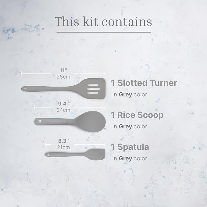 Silicone Utensils 3-Piece Set – Rubber Spatula, Slotted Turner, and Rice Paddle – Complete Heat-Resistant Set for Non-Stick Cookware – Kitchen Tools and Accessories for Cooking & Baking – Grey